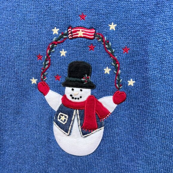C.J. Banks Womens Holiday Sweater Size X Blue Christmas Snowman Hand Embroidered - Picture 7 of 12